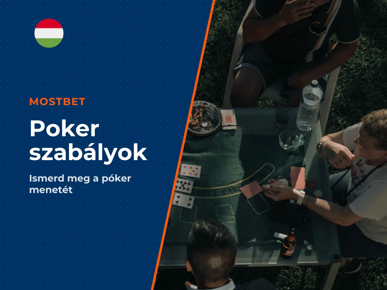 Egy leosztás menete Texas Hold'em példáján. A Texas Hold'em a legelterjedtebb változat, úgyhogy ezen keresztül mutatjuk be a játék menetét lépésről lépésre: 1. **Vakok befizetése:** Az osztó bal oldal